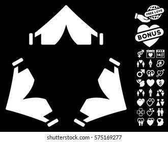 Tent Camp pictograph with bonus romantic clip art. Vector illustration style is flat rounded iconic white symbols on black background.