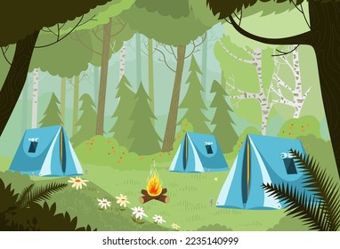 Tent camp in summer forest nature concept, vector illustration, tourism adventure with campfire, recreation at travel hiking design.