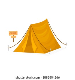 Tent camp travel tourism hiking outdoor equipment. Yellow tourist camping tent isolated on white background. Summer forest shelter dome freedom vacation vector illustration.