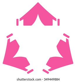 Tent Camp vector icon. Style is flat symbol, pink color, rounded angles, white background.
