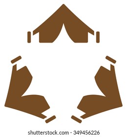 Tent Camp vector icon. Style is flat symbol, brown color, rounded angles, white background.