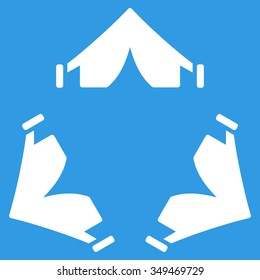 Tent Camp vector icon. Style is flat symbol, white color, rounded angles, blue background.