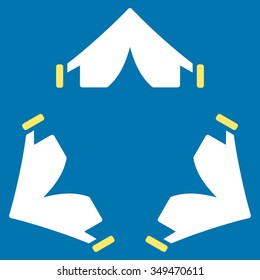 Tent Camp vector icon. Style is bicolor flat symbol, yellow and white colors, rounded angles, blue background.