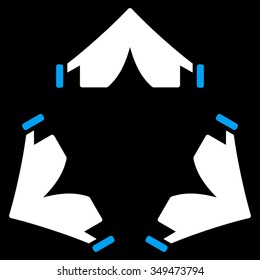 Tent Camp vector icon. Style is bicolor flat symbol, blue and white colors, rounded angles, black background.