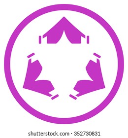Tent Camp vector icon. Style is flat circled symbol, violet color, rounded angles, white background.