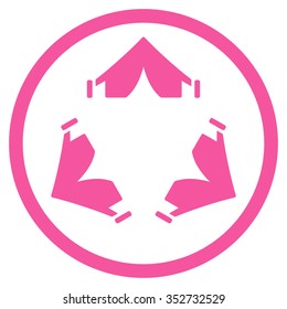 Tent Camp vector icon. Style is flat circled symbol, pink color, rounded angles, white background.