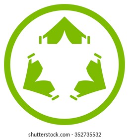 Tent Camp vector icon. Style is flat circled symbol, eco green color, rounded angles, white background.