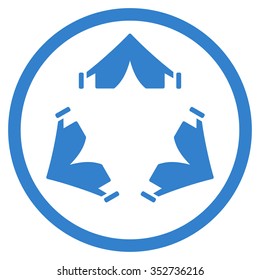 Tent Camp vector icon. Style is flat circled symbol, cobalt color, rounded angles, white background.