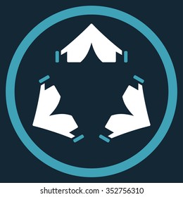 Tent Camp vector icon. Style is bicolor flat circled symbol, blue and white colors, rounded angles, dark blue background.