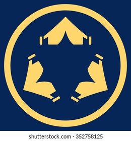 Tent Camp vector icon. Style is flat circled symbol, yellow color, rounded angles, blue background.