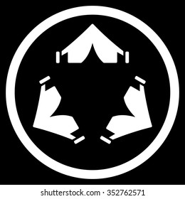 Tent Camp vector icon. Style is flat circled symbol, white color, rounded angles, black background.