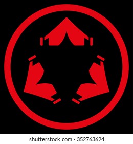 Tent Camp vector icon. Style is flat circled symbol, red color, rounded angles, black background.