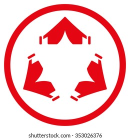 Tent Camp vector icon. Style is flat circled symbol, red color, rounded angles, white background.