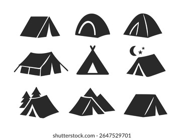 Tent camp vector silhouette black icon. Isolated tent outdoor military holiday camping vacation icon.
