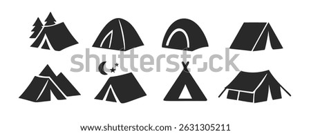 Tent camp vector silhouette black icon. Isolated tent outdoor military holiday camping vacation icon.
