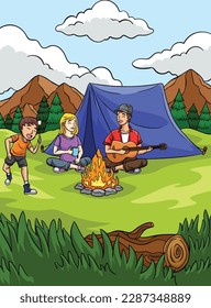 Tent Camper Colored Cartoon Illustration