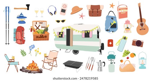 Tent, campfire, backpack, guitar, lamp, gas-burner, stump, signboard. Set of elements for Camping, traveling, trip, hiking, camper, nature, journey, campsite elements. Isolated vector illustration.