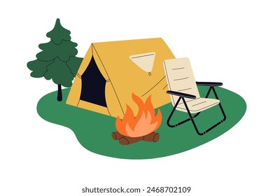 Tent and campfire at campsite. Chair, camping shelter and fire in nature on summer holiday. Outdoor adventure, campground scene, relaxing place. Flat vector illustration isolated on white background