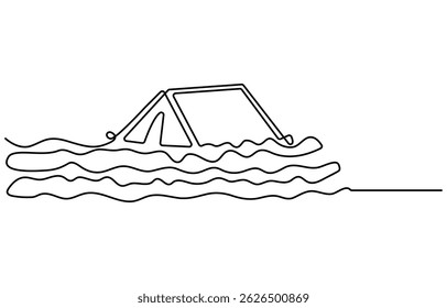 Barraca com Campfire Continuous Line Drawing, Uma ilustração de linha contínua de uma barraca, isolada em fundo branco.