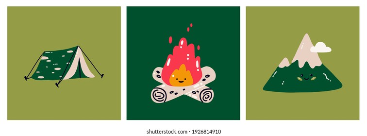 Tent, campfire, cute green mountain, cartoon style. Bonfire Character. Hiking in the mountains. Ready-made cards. Flat vector illustration isolated on a white background