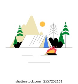 Tent With Campfire In Flat Vector Illustration Symbolizing Outdoor Camping, Adventure, And Nature Exploration, Isolated On White Background
