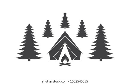 Tent with campfire in the forest. Camp icon. Vector illustration.