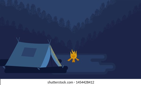 A tent and a campfire in forest. Landscape illustration with grainy texture.  Concept of discovery, hiking, adventure tourism, camping and travel. Flat vector illustration.