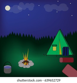 Tent at the campfire. Moon and clouds at the summer night sky. Forest near the camp. Graphic illustration of pleasant rest at the non-urban terrain.
