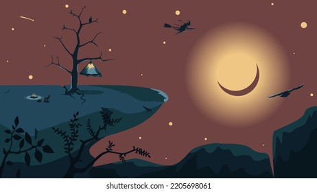 Tent, Campfire on the Cliff At night. Beautiful Sky with Stars and the Moon. A Witch Flies High. Halloween