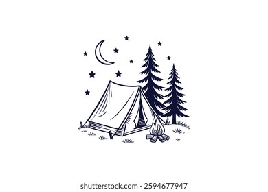 tent with a campfire outdoor adventure silhouette line art vector illustration