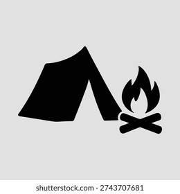 Tent campfire silhouette with flames flat design Vector Illustration