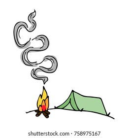 Tent and campfire vector illustration. Doodle style. Design, print, logo, decor, textile, paper