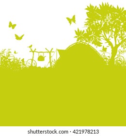 Tent and campground in the grass and forest