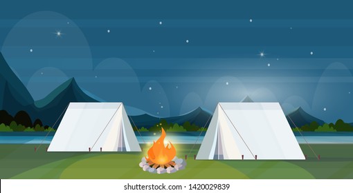 tent camping area with campfire night campsite summer camp travel vacation concept mountains landscape beautiful nature background flat horizontal