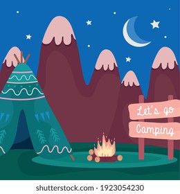 tent camping with campfire and mountains vector illustration design