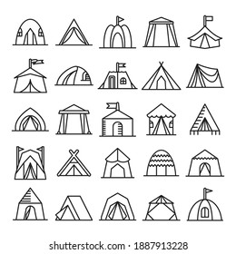 Iconos de carpa, camping y copas de carpa diseño de línea de ilustración vectorial