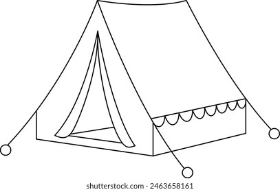 Tent camping coloring page for kids. Summer outline doodle colouring page isolated on white background. Summer coloring book for kids 