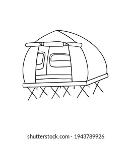 Tent Camping Cot Doodle Vector. Portable Folding Camp Bed With Air Mattress And Pillow, Outline Illustration. Double Tent Bed On Iron Foots With See-through Windows, Sunshade. 