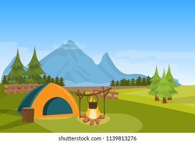 Tent camping fire forest mountain expedition vacation concept flat horizontal vector illustration