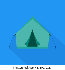 Tent for camping in flat style with long shadow. Icon tourist tents on a blue background. Vector illustration.
