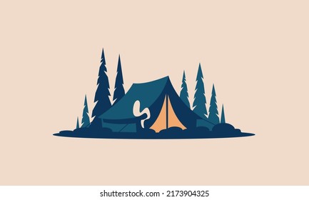 Tent Camping Forest Hiking Nature Logo Retro Vintage Postcard Vector Landscape Illustration Travel Isolated Norway Sweden Sunset Fjord Nordic Scandinavian Norwegian Alaska Swedish Arctic Wild