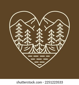 Tent Camping in the Forest Mountain Background Heart Badge Frame Monoline Design for Apparel