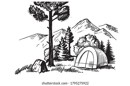 tent camping in forest near mountains
