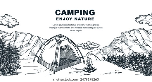 Tent camping in pine forest. Summer outdoor camp horizontal banner design template. Mountains adventures vector hand drawn sketch illustration. Travel poster background