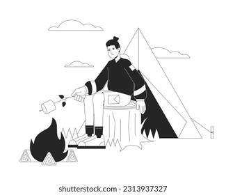 Tent camping with toasted marshmallow bw vector spot illustration. Male hiker 2D cartoon flat line monochromatic character for web UI design. Forest vacation editable isolated outline hero image