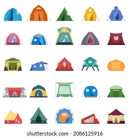 Tent for camping, tourism, travel outside. Different tents for overnight and rest. Set of vector icons, flat, cartoon, isolated.