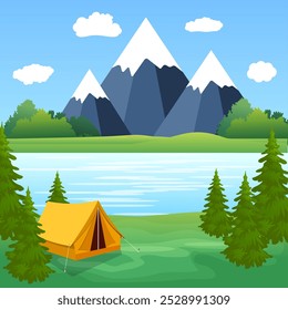 Carpa Camping Tourist Forest Mountain Expedition. concepto de viaje y vacaciones. Ilustración vectorial en diseño plano