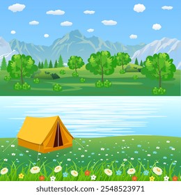 Carpa Camping Tourist Forest Mountain Expedition. concepto de viaje y vacaciones. Ilustración vectorial en diseño plano