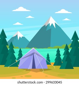 Tent Camping Tourist Forest Mountain Expedition Flat Vector Illustration
