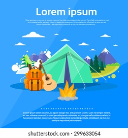Tent Camping Tourist Forest Mountain Expedition Flat Vector Illustration